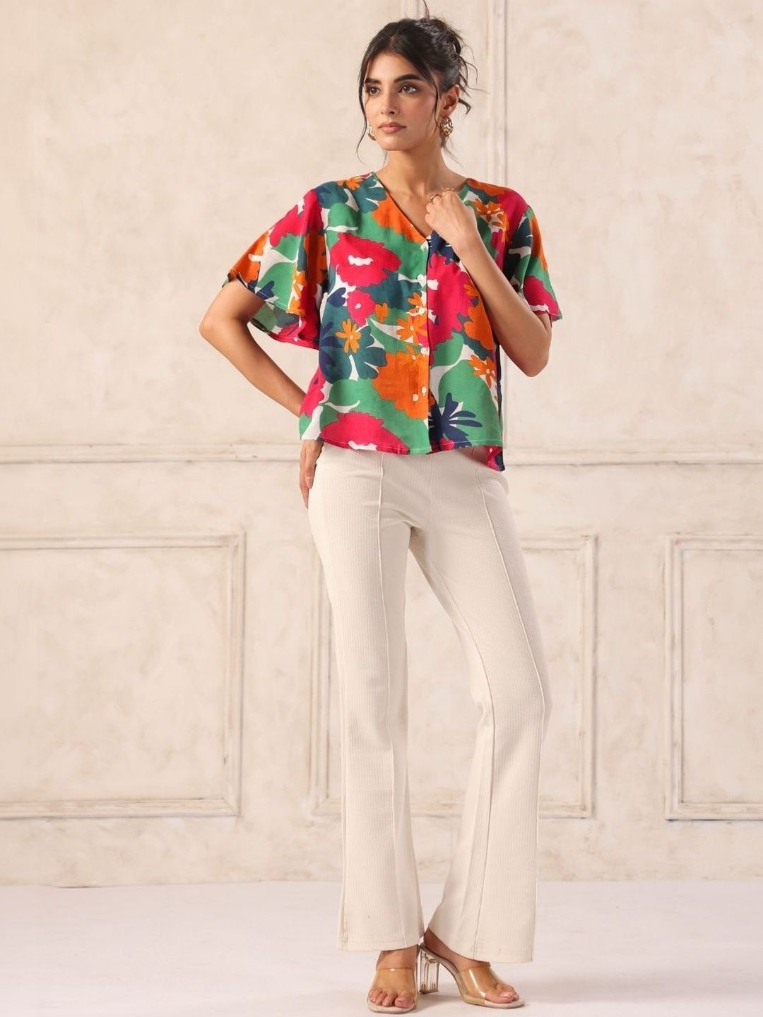 Royal Blue Tropical Print Flutter Sleeve Shirt