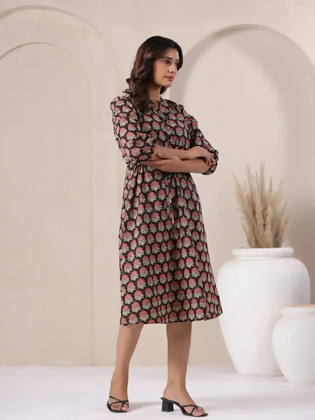 Woman in floral print cotton kurta dress, elegant daily wear for office or celebrations