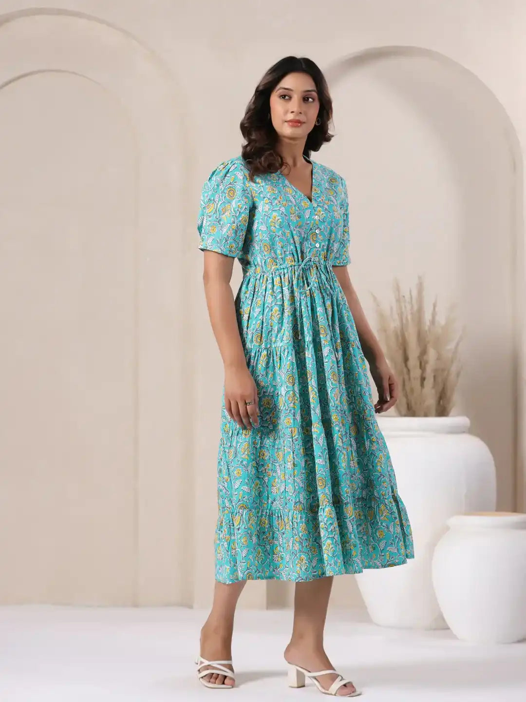 Teal floral print cotton midi dress with puff sleeves and V-neck, perfect for daily wear or office