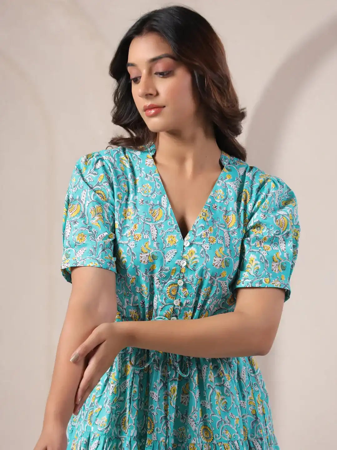 Teal floral print cotton kurta with puff sleeves, elegant daily wear for women