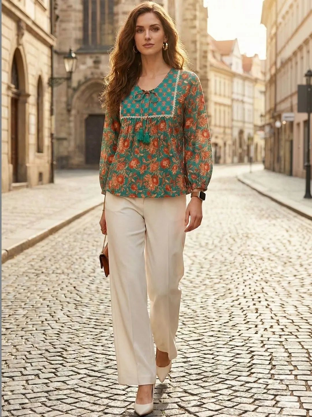 Teal & Rust Floral Block Print Cotton Boho Top