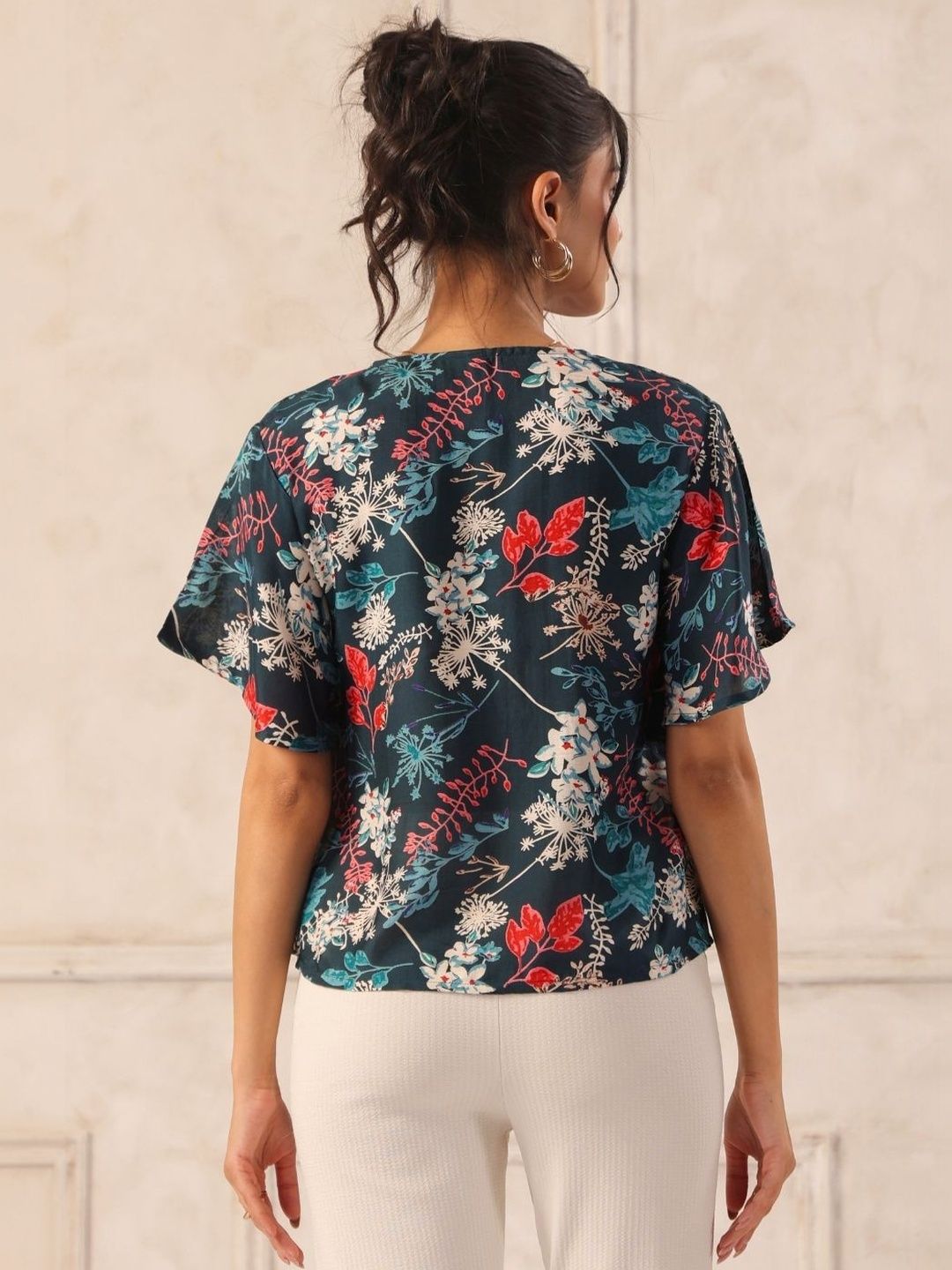 Teal Floral Print Flutter Sleeve Boxy Shirt Top
