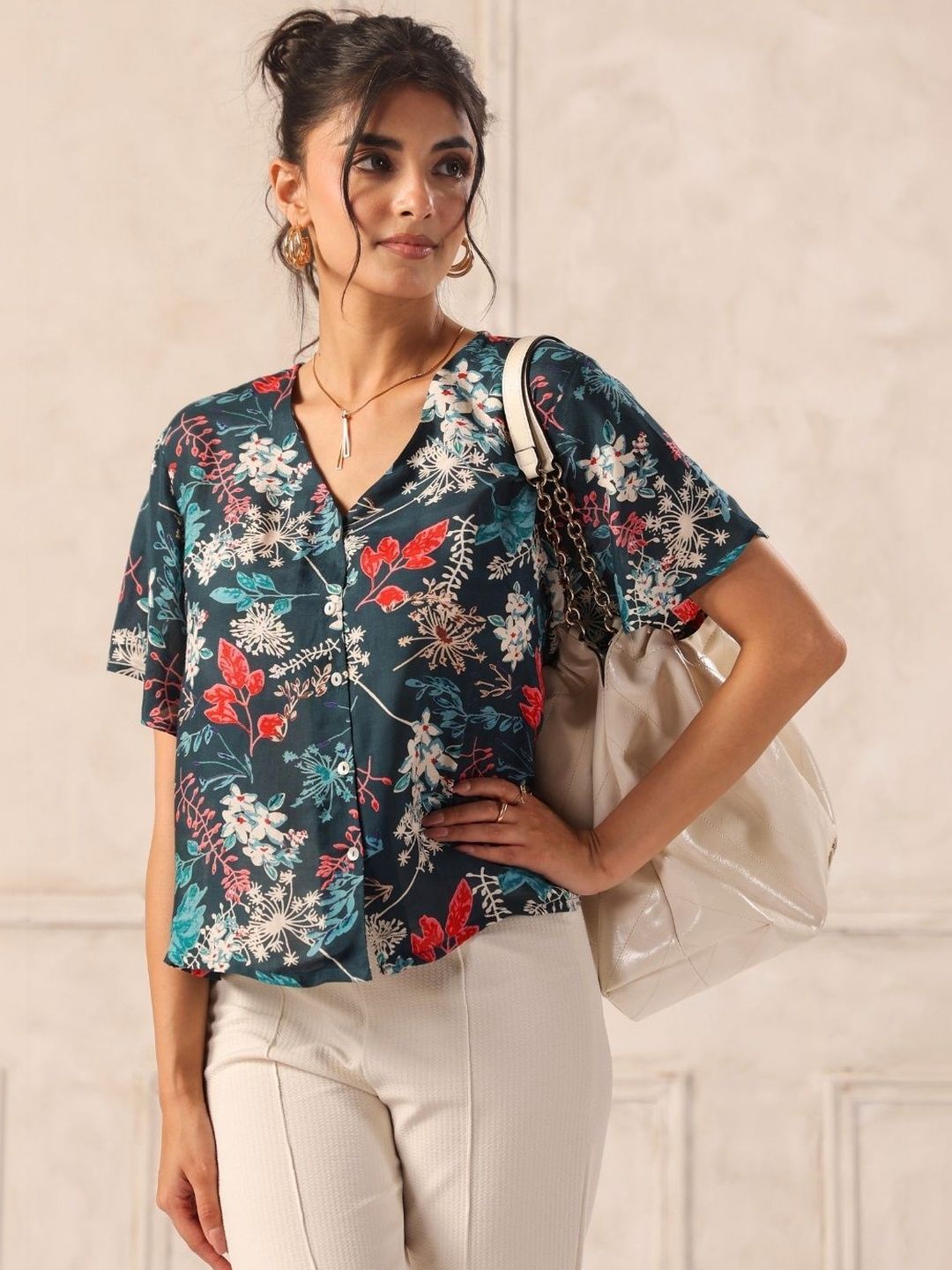 Teal Floral Print Flutter Sleeve Boxy Shirt Top