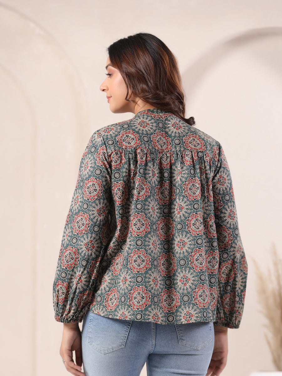 Bottle Green Printed Cotton Top