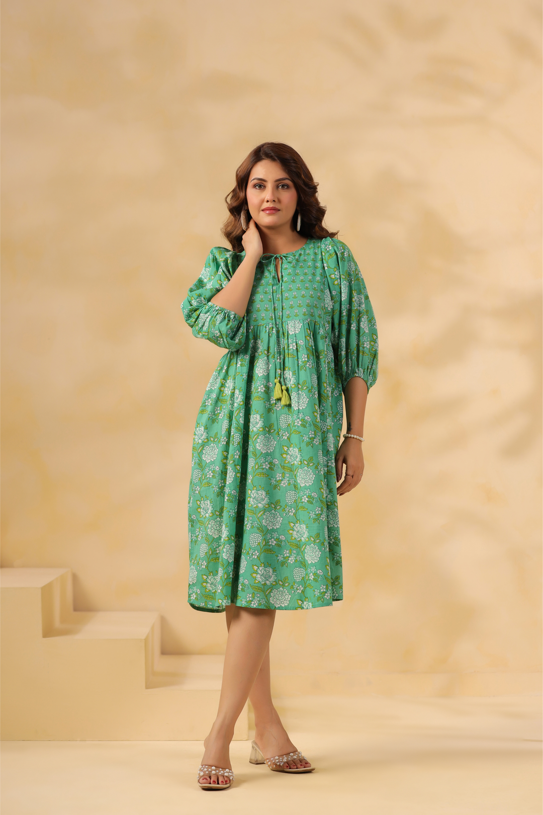 Green floral cotton kurta dress for women, elegant and comfortable for daily wear or celebrations