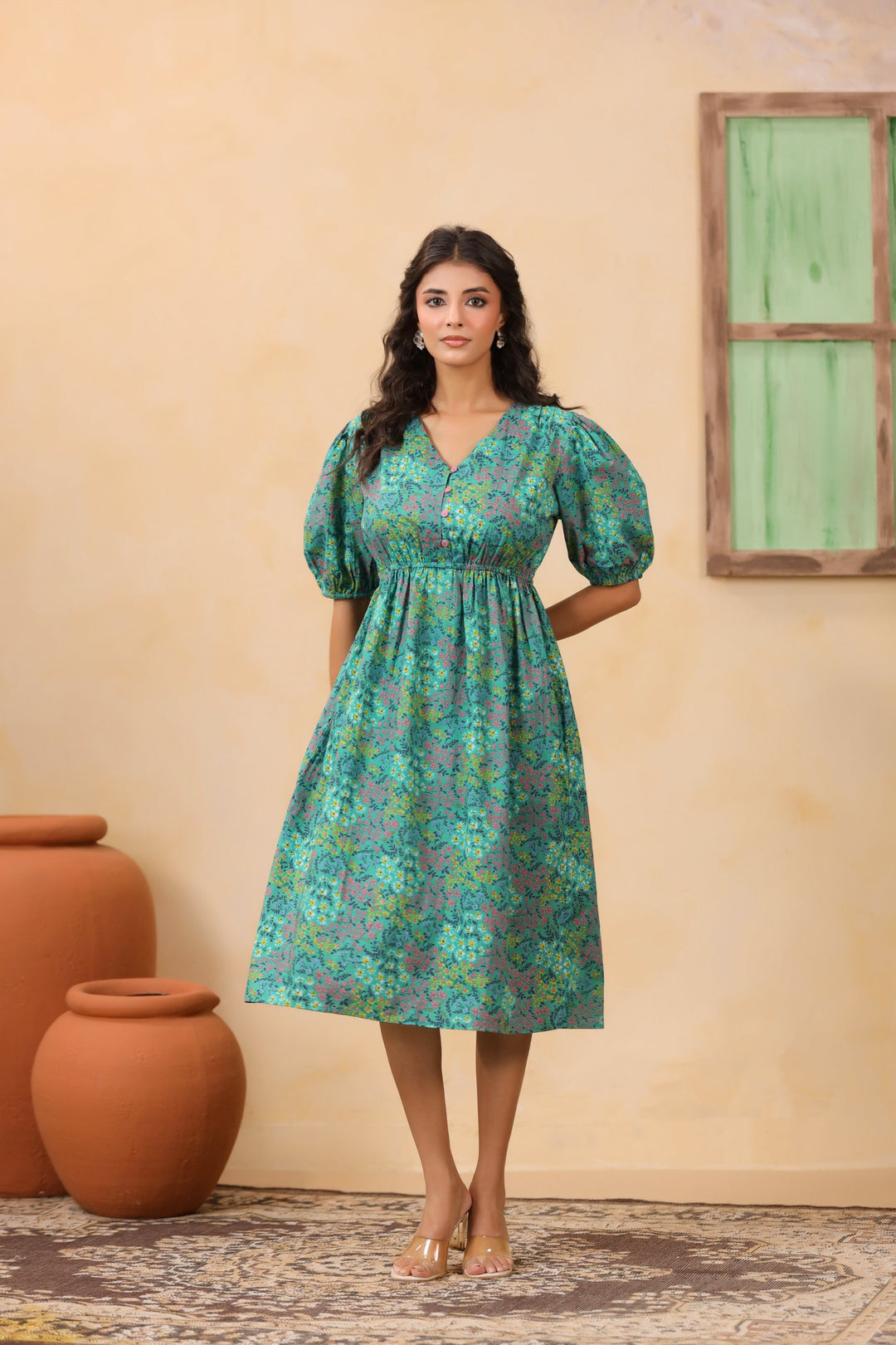 Dark Green Floral Print Cotton Gathered Midi Dress