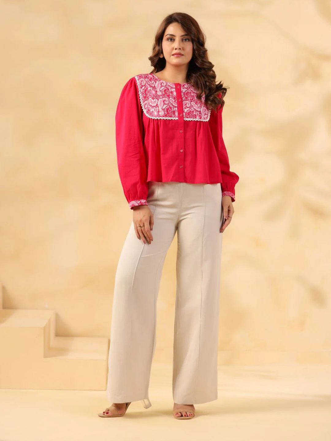 Pink Cotton Top with Embroidered Yoke for Women