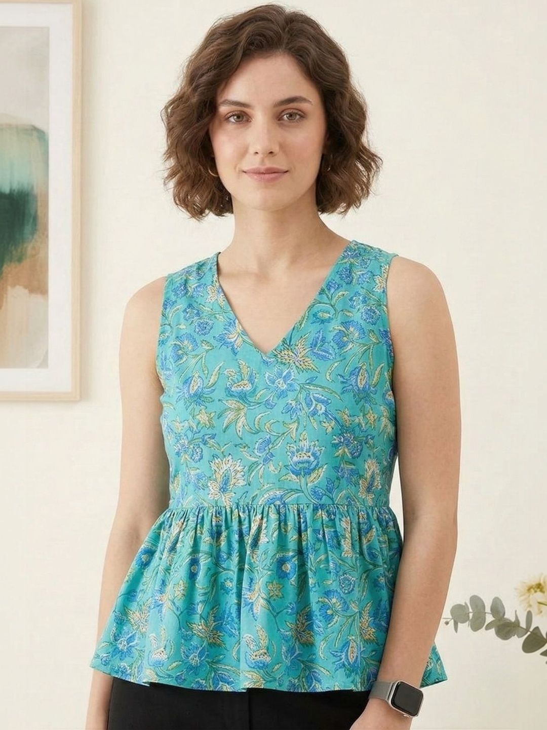 Teal Floral Block Print Cotton Peplum Top