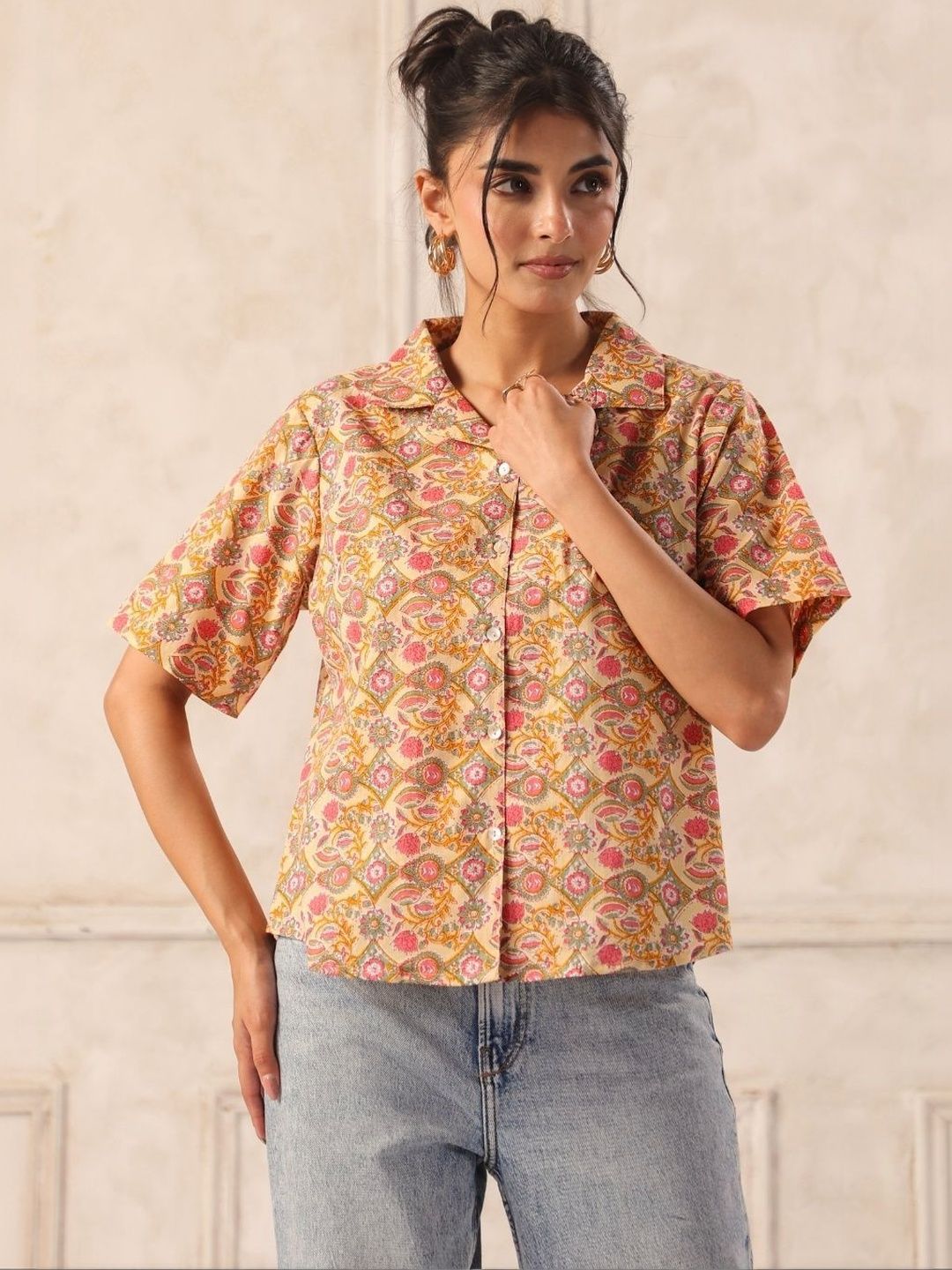 Yellow Floral Block Print Cotton Collared Shirt