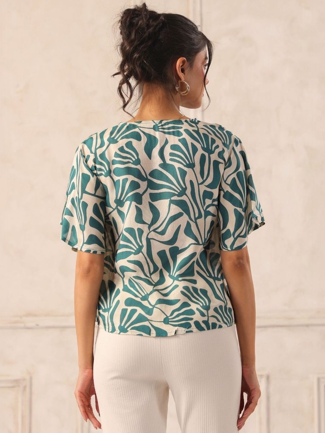 Teal Tropical Print Viscose Flutter Sleeve V-Neck Top for Women