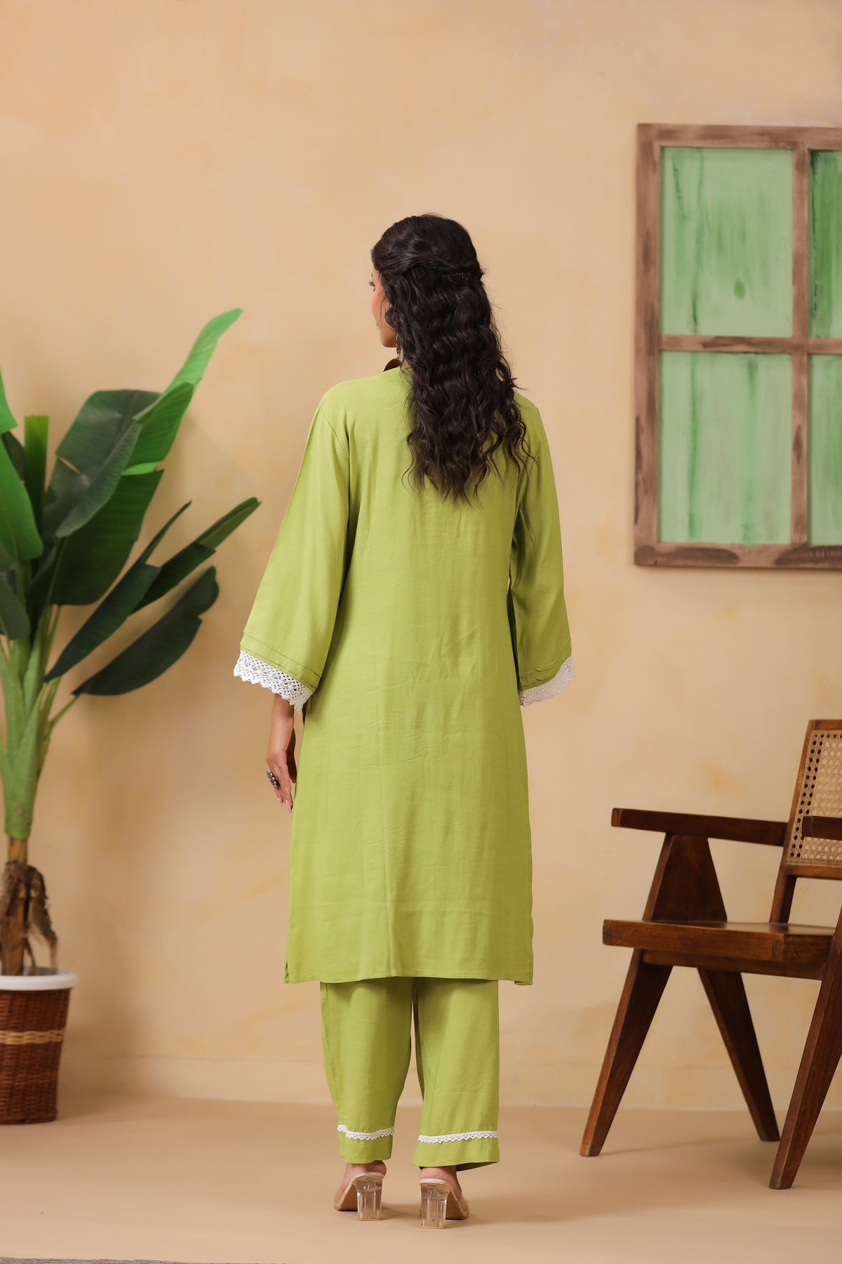 Lime Green Lace Trim Ethnic Kurta Set