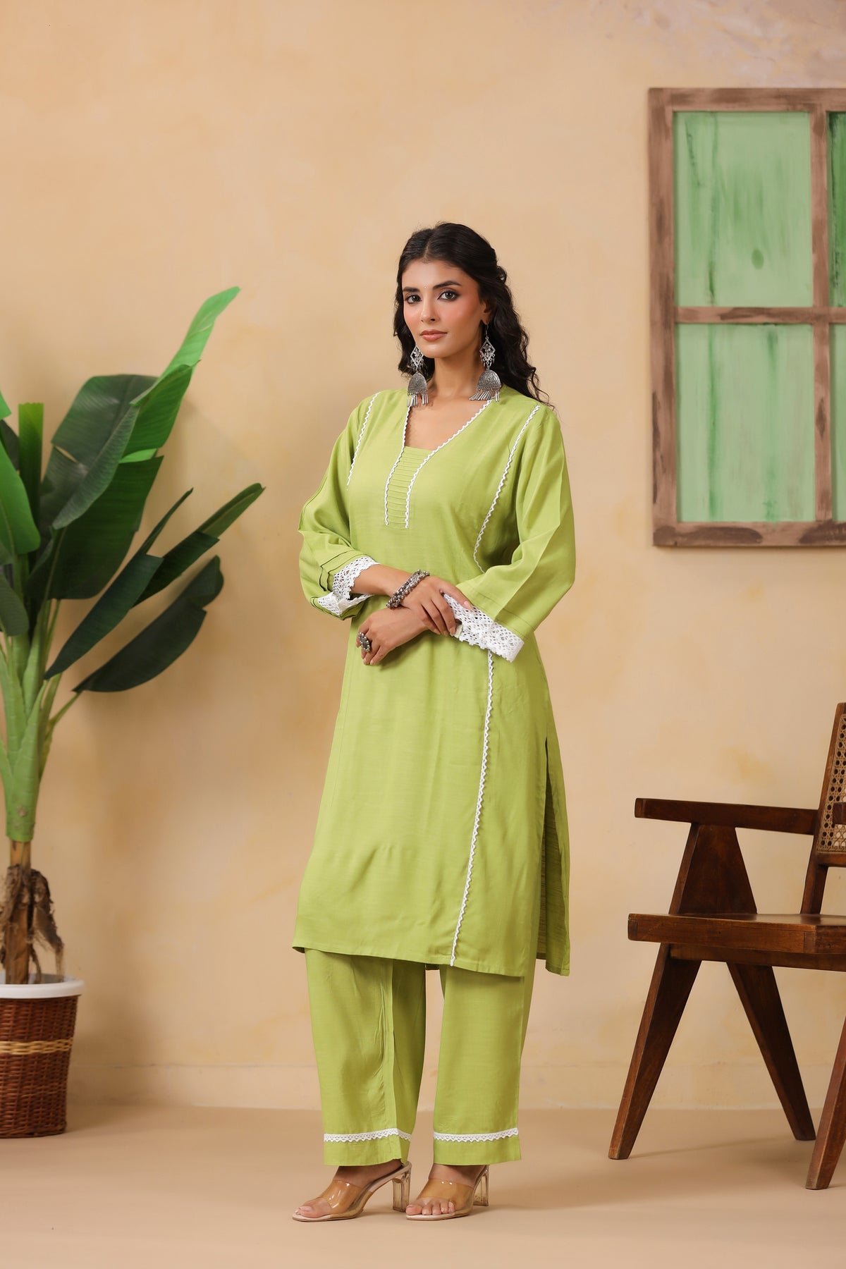 Lime Green Lace Trim Ethnic Kurta Set