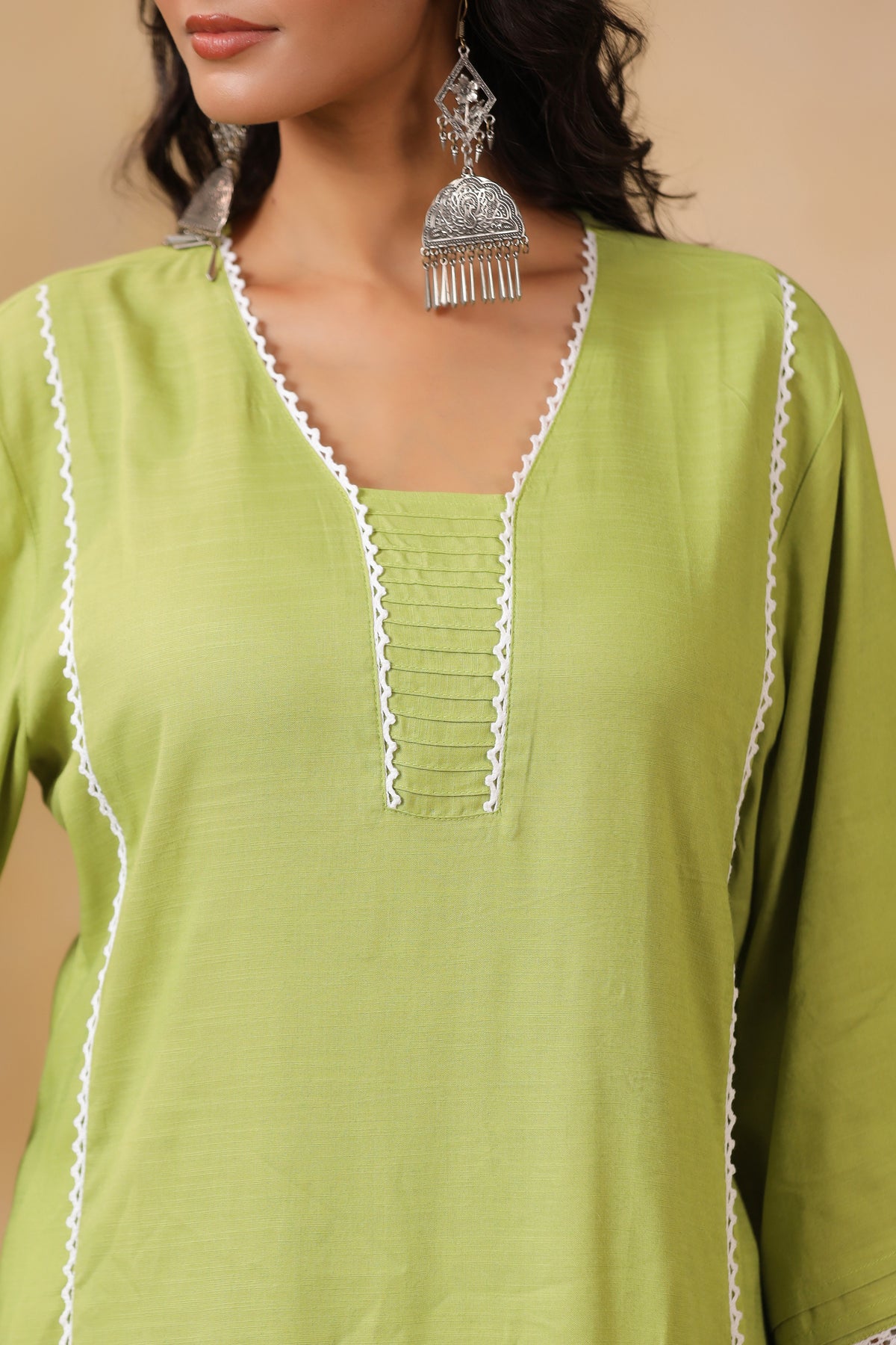 Lime Green Lace Trim Ethnic Kurta Set