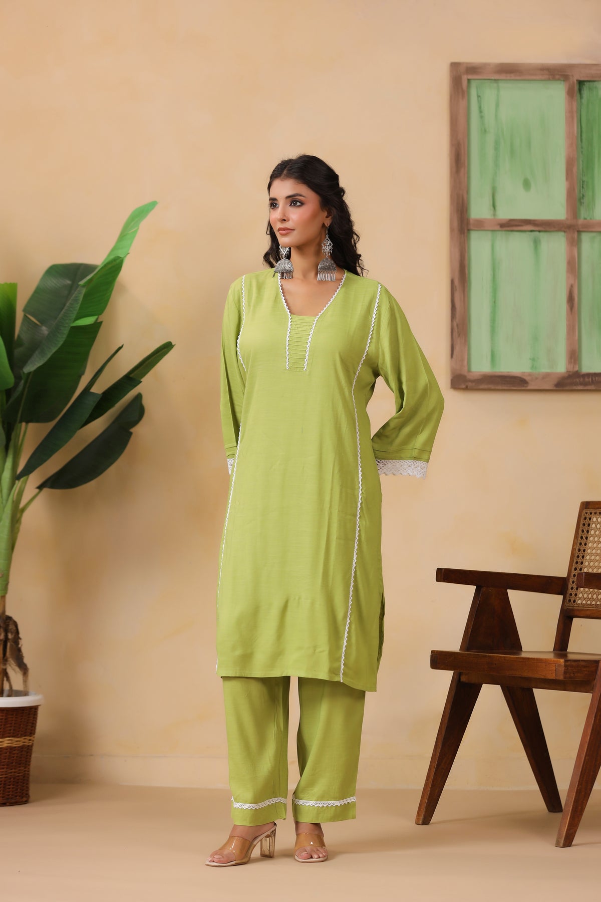 Lime Green Lace Trim Ethnic Kurta Set