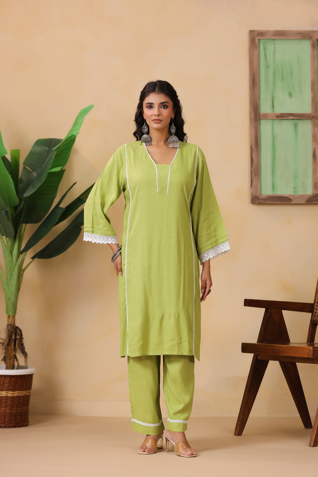 Lime Green Straight Fit Viscose Kueta Set with Lace Detailing