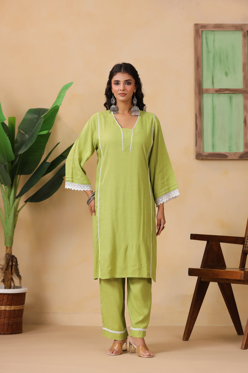 Lime Green Straight Fit Viscose Kueta Set with Lace Detailing