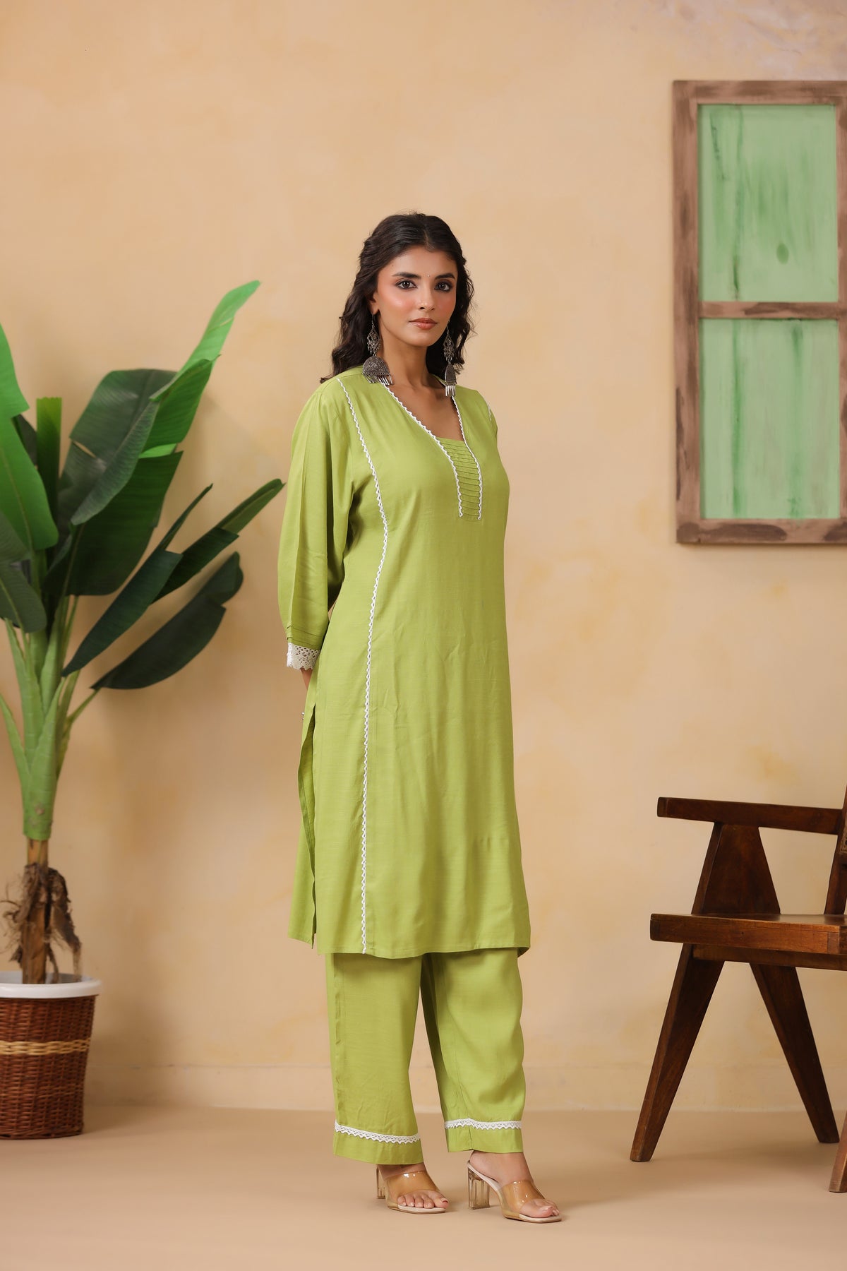 Lime Green Lace Trim Ethnic Kurta Set