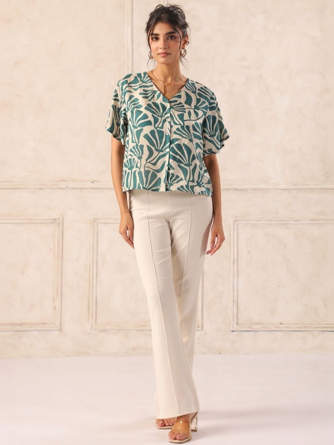 Teal Tropical Print Viscose Flutter Sleeve V-Neck Top for Women