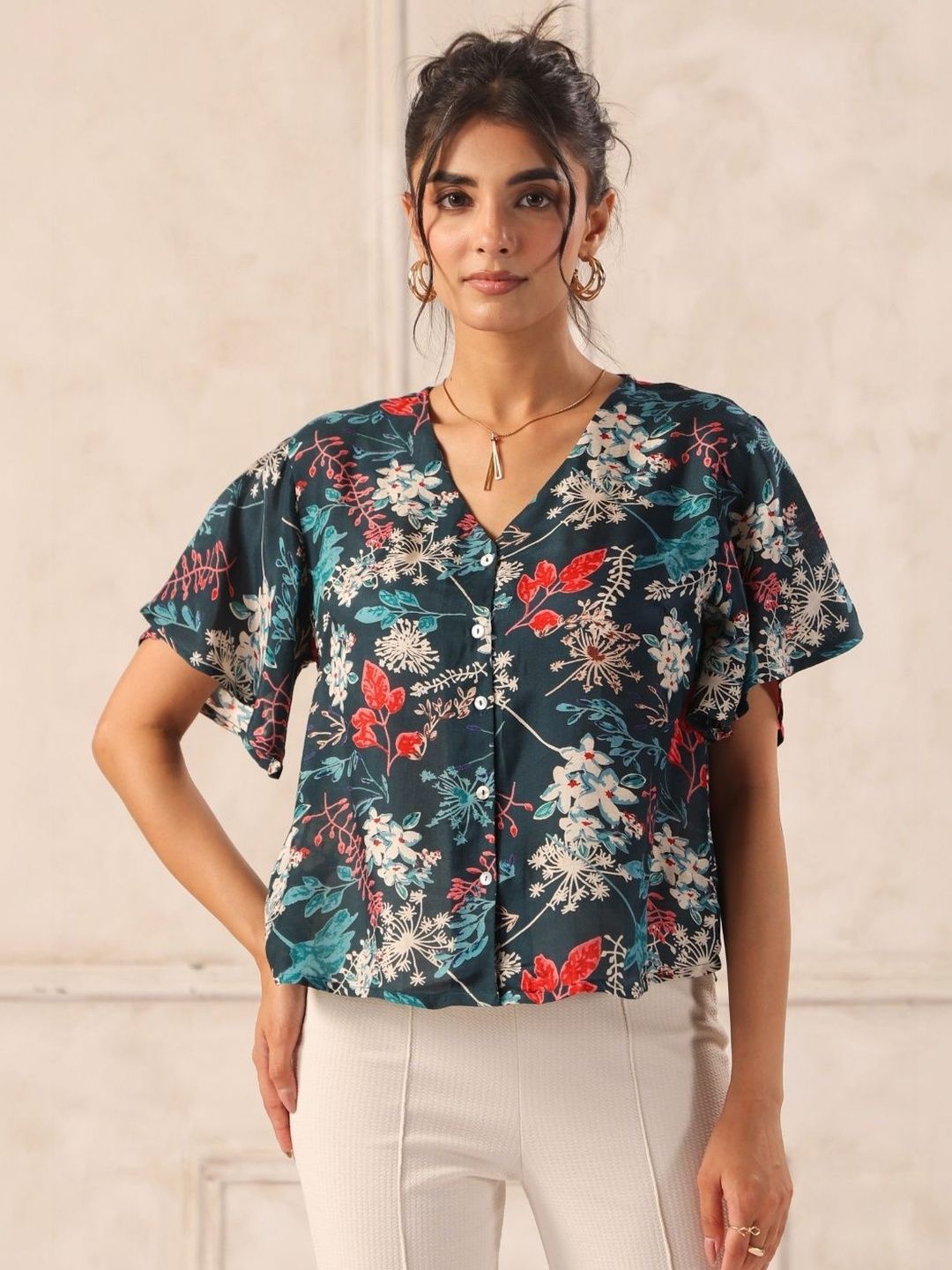 Teal Floral Print Flutter Sleeve Boxy Shirt Top