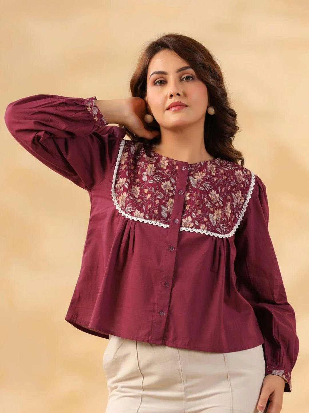 Wine Cotton Top with Floral Print Yoke & Lace Trim