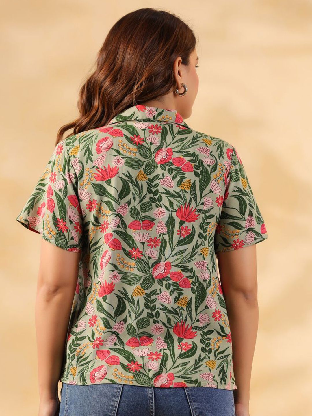 Sage Green Floral Crop Shirt for Women