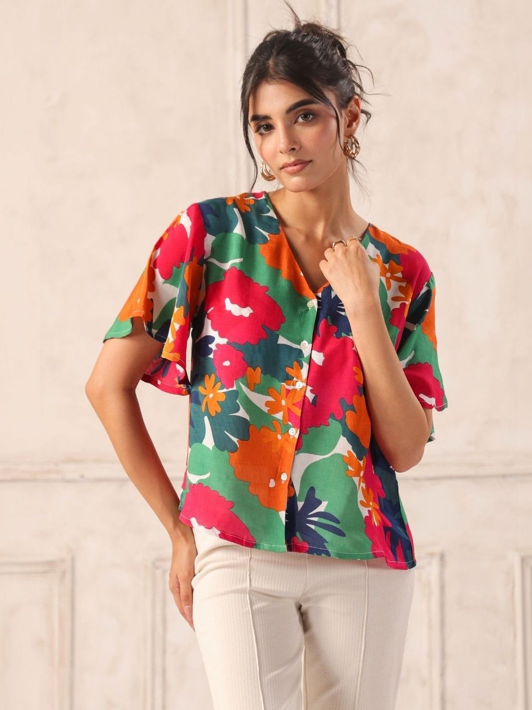 Royal Blue Tropical Print Flutter Sleeve Shirt