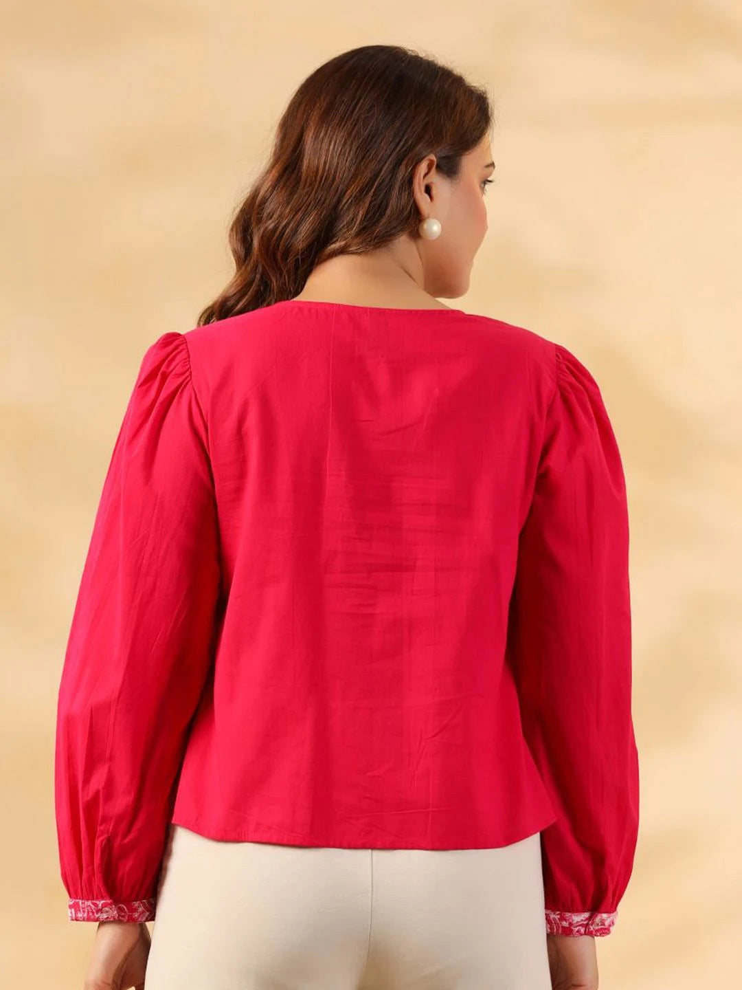 Pink Cotton Top with Embroidered Yoke for Women
