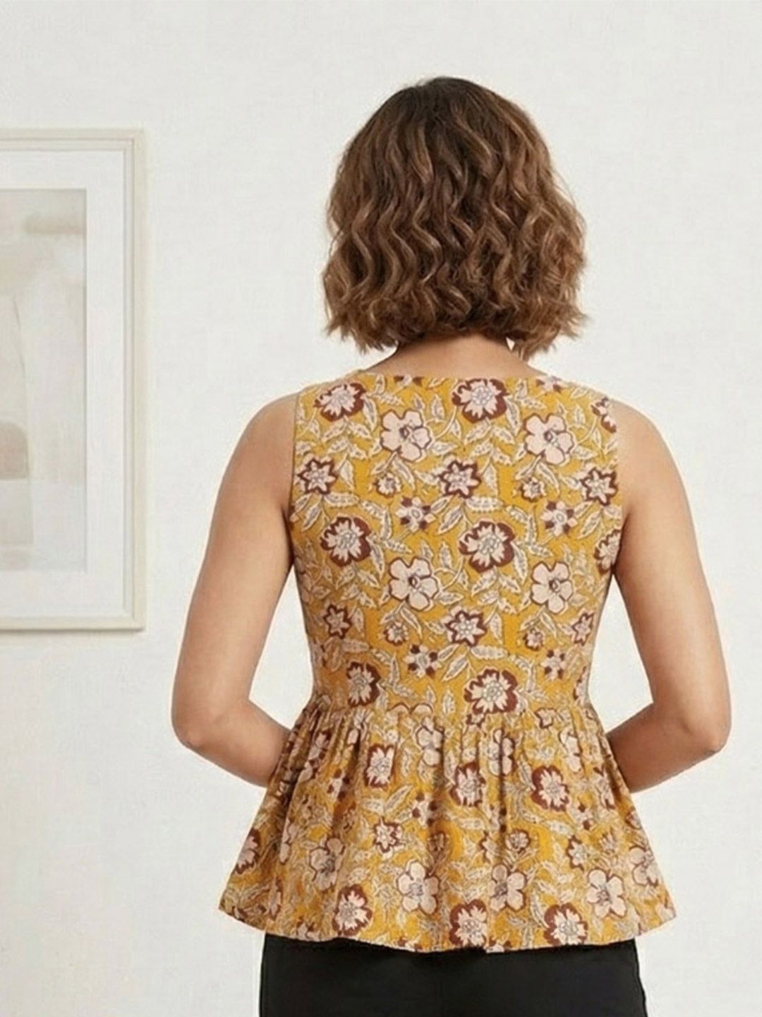 Mustard Floral Block Print Cotton Peplum Top