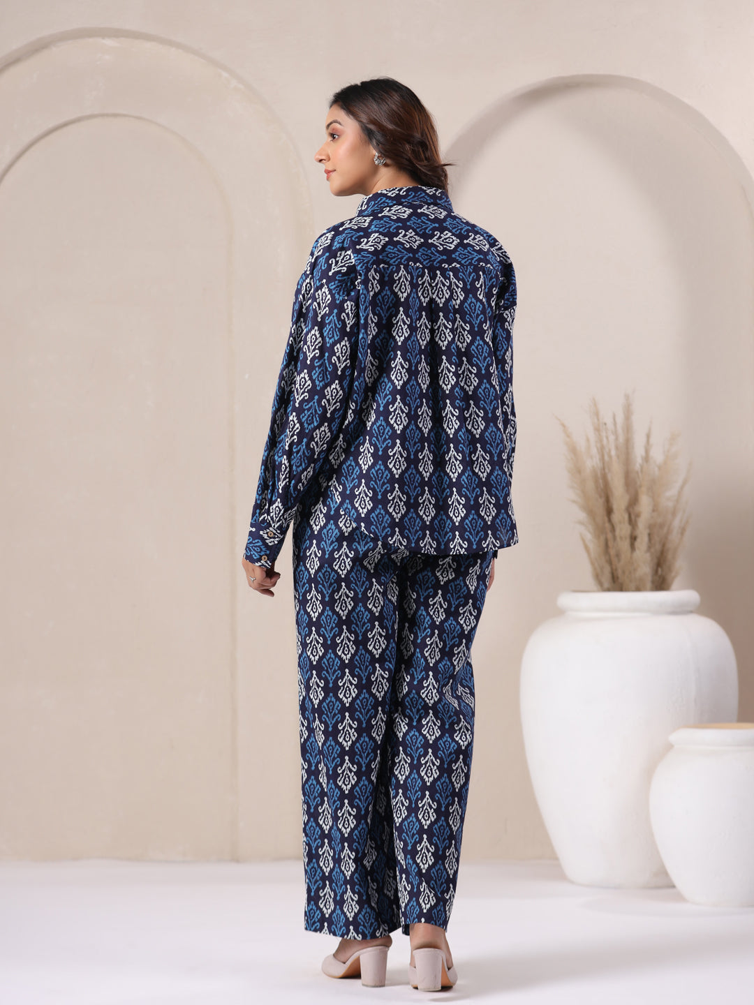 indigo shirt pant co ord set standing back view pose breathable cotton casual outfit women
