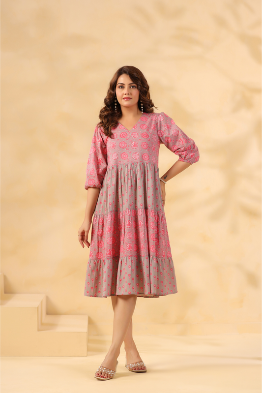 Pink Floral Print Cotton Fit & Flare Dress for Women