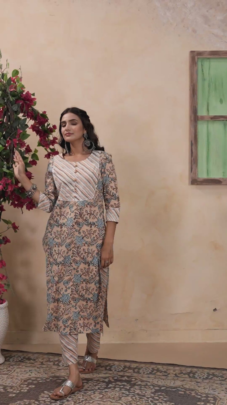 Beige Floral Print Cotton Kurta Set