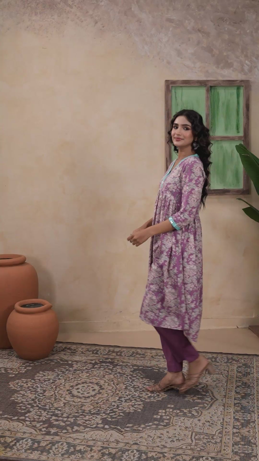 Mauve Pink Floral Cotton Kurta Set