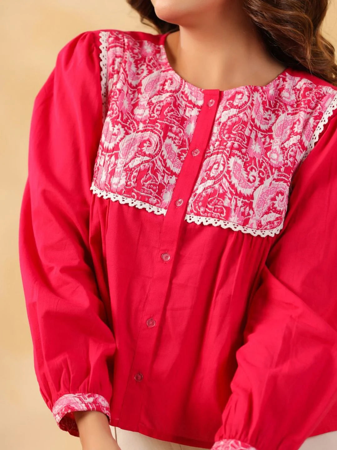 Pink Cotton Top with Embroidered Yoke for Women