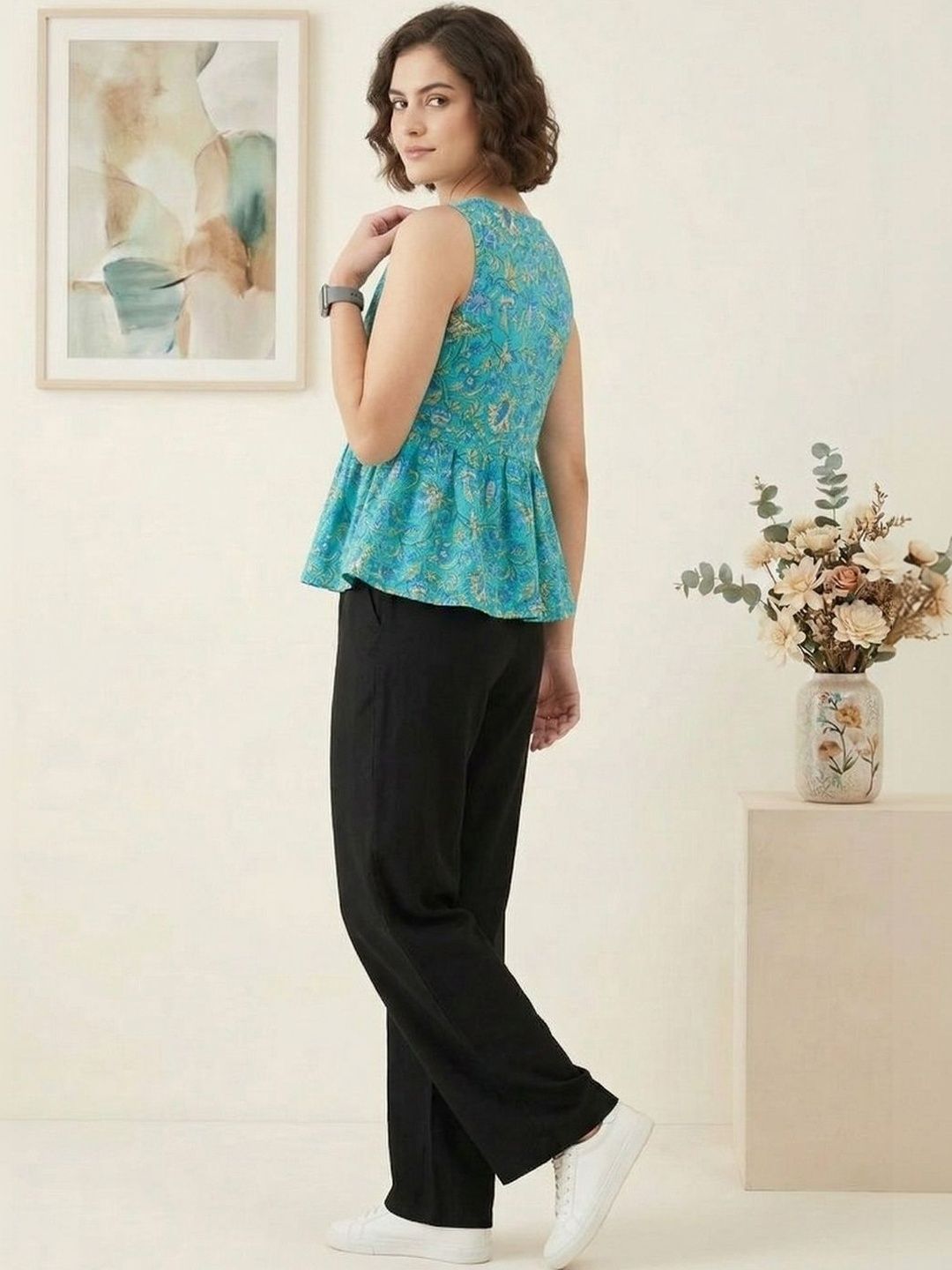 Teal Floral Block Print Cotton Peplum Top