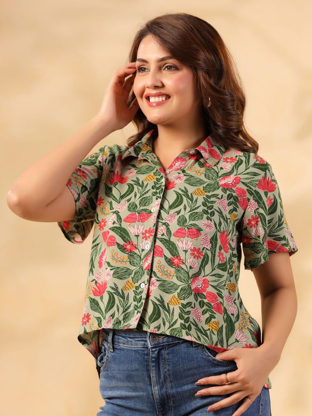 Sage Green Floral Crop Shirt for Women