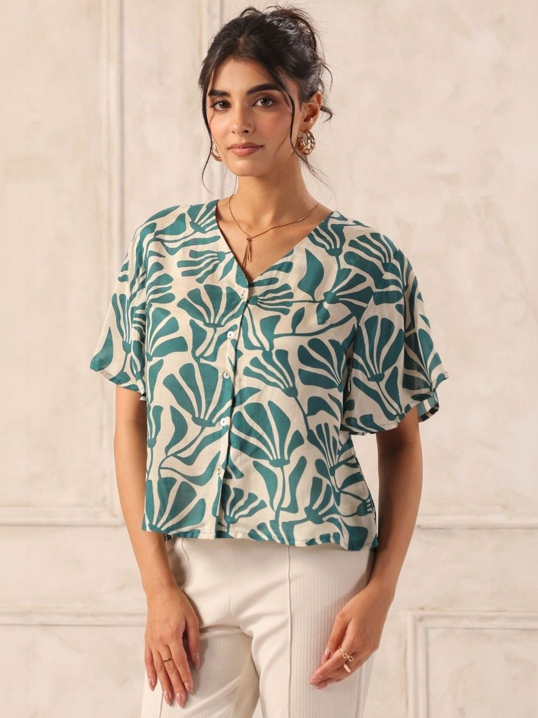 Teal Tropical Print Viscose Flutter Sleeve V-Neck Top for Women