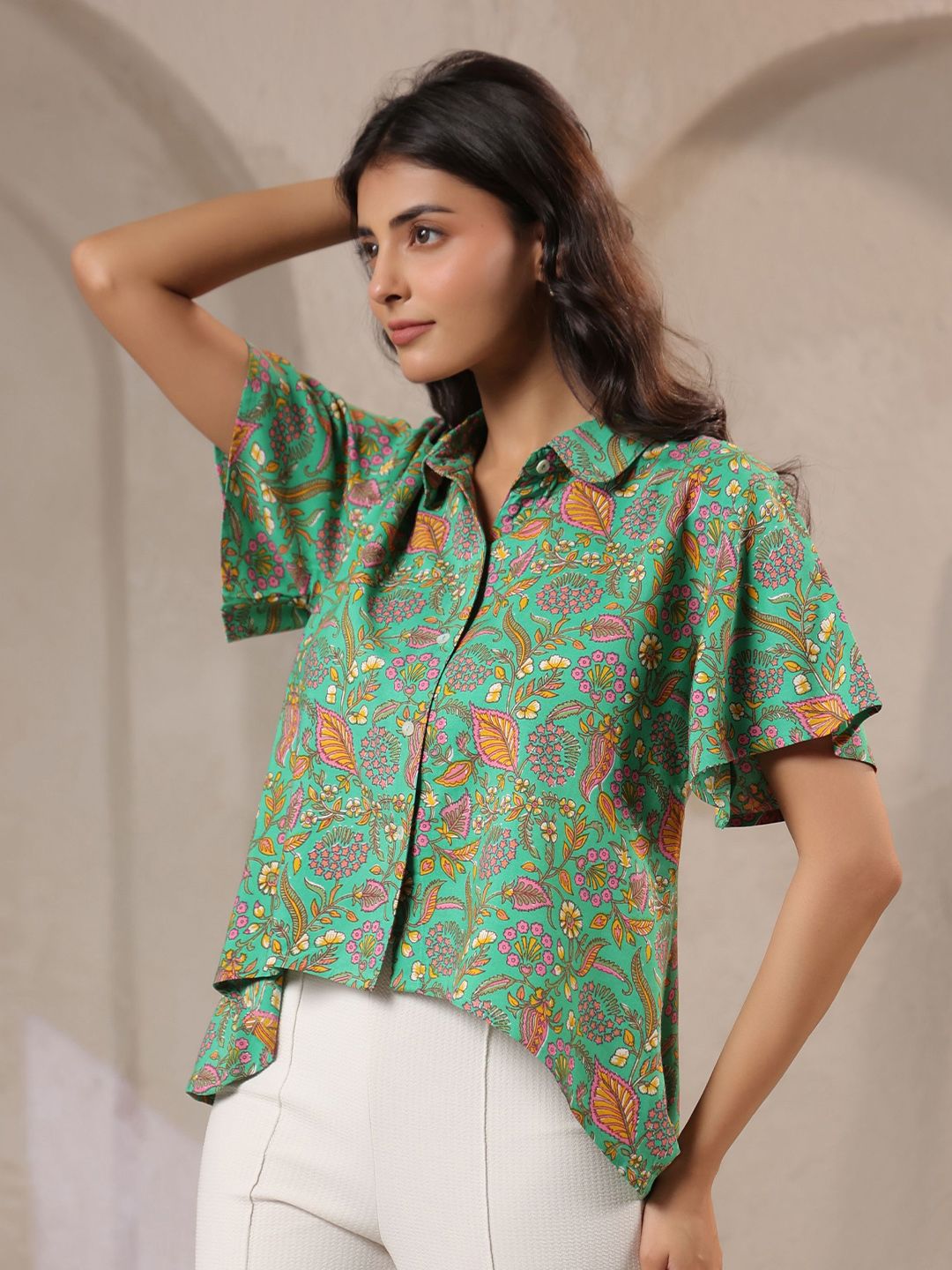 Sea Green Floral Shirt with Flared Sleeves