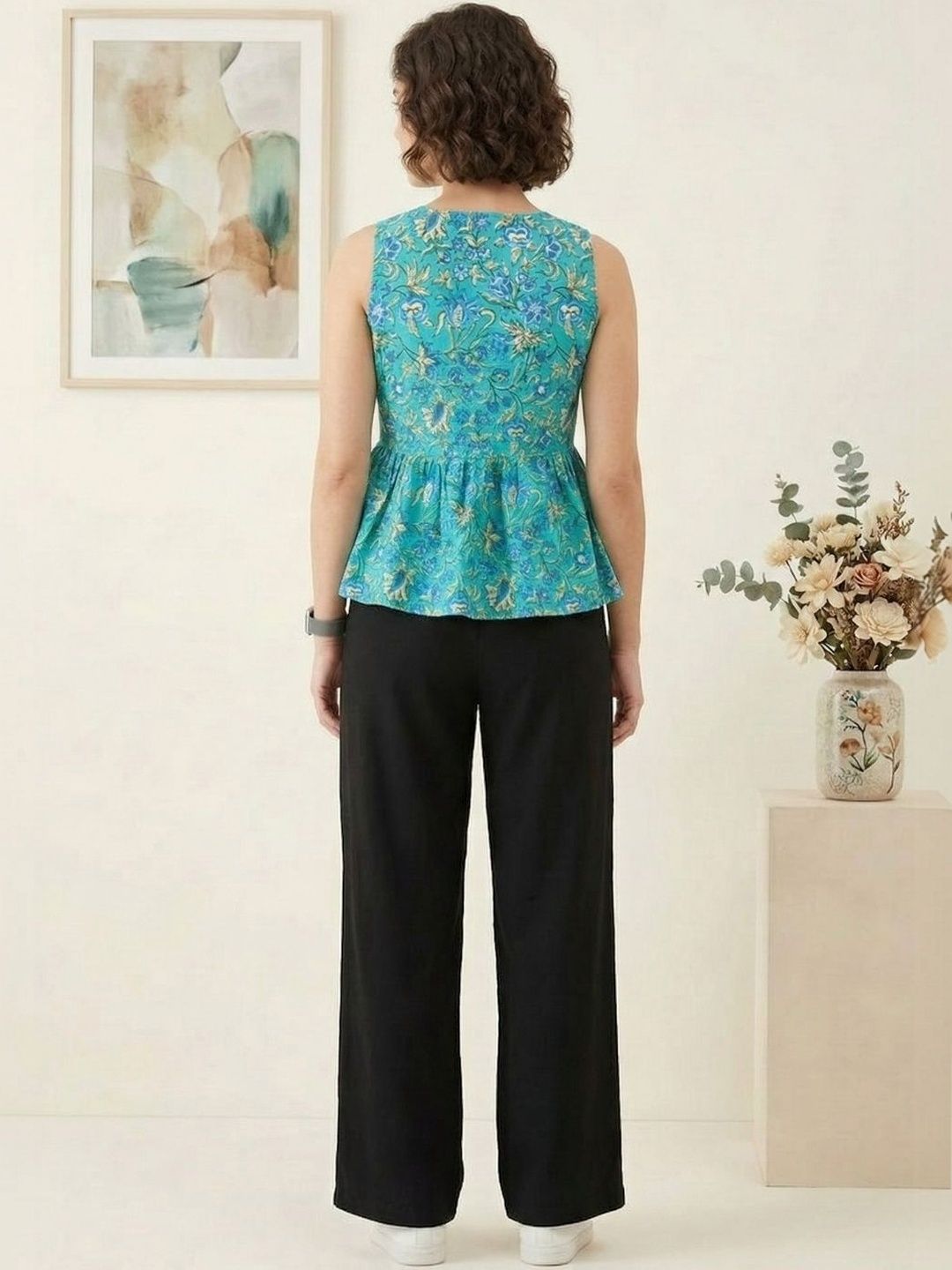 Teal Floral Block Print Cotton Peplum Top