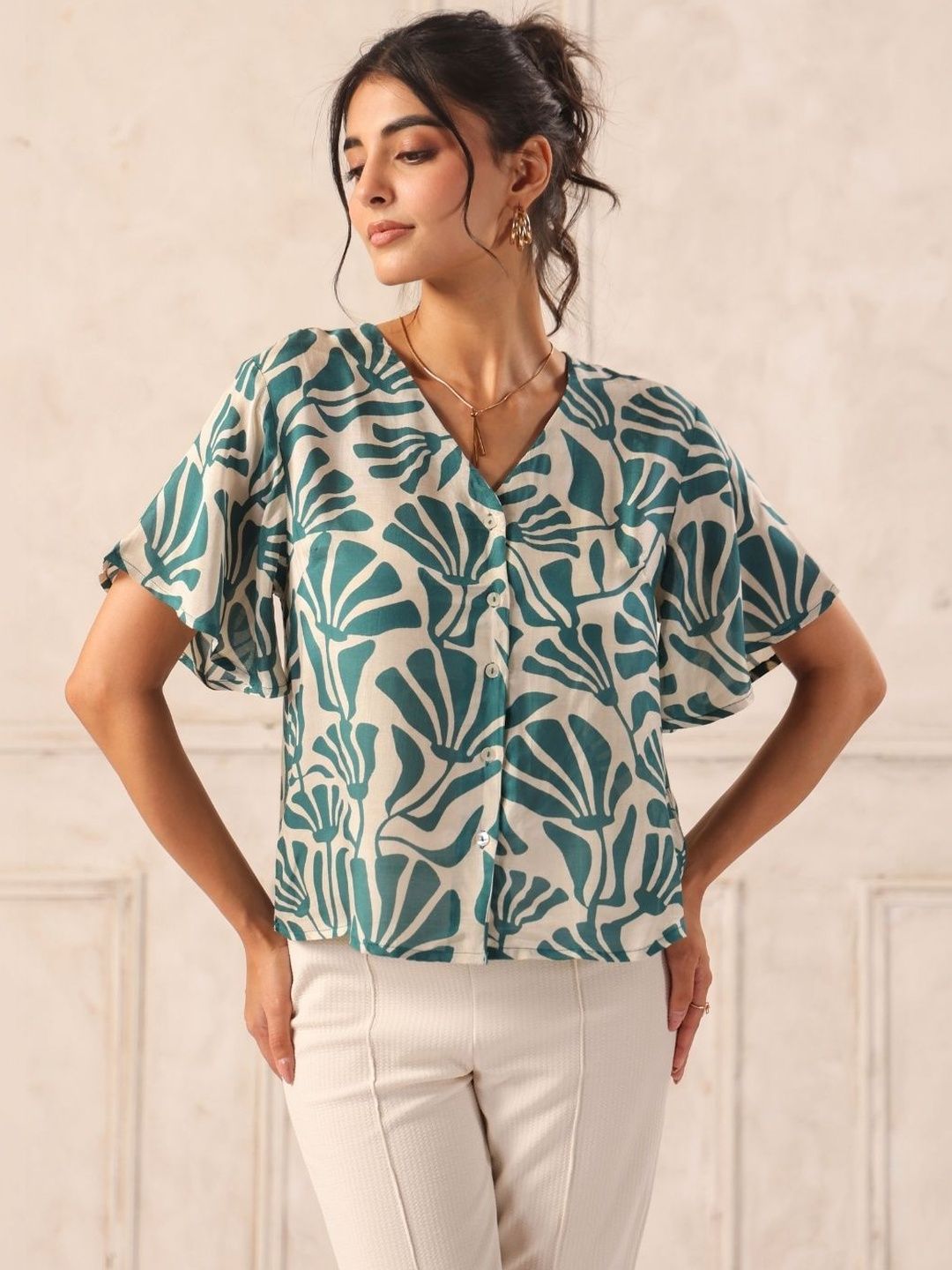 Teal Tropical Print Viscose Flutter Sleeve V-Neck Top for Women