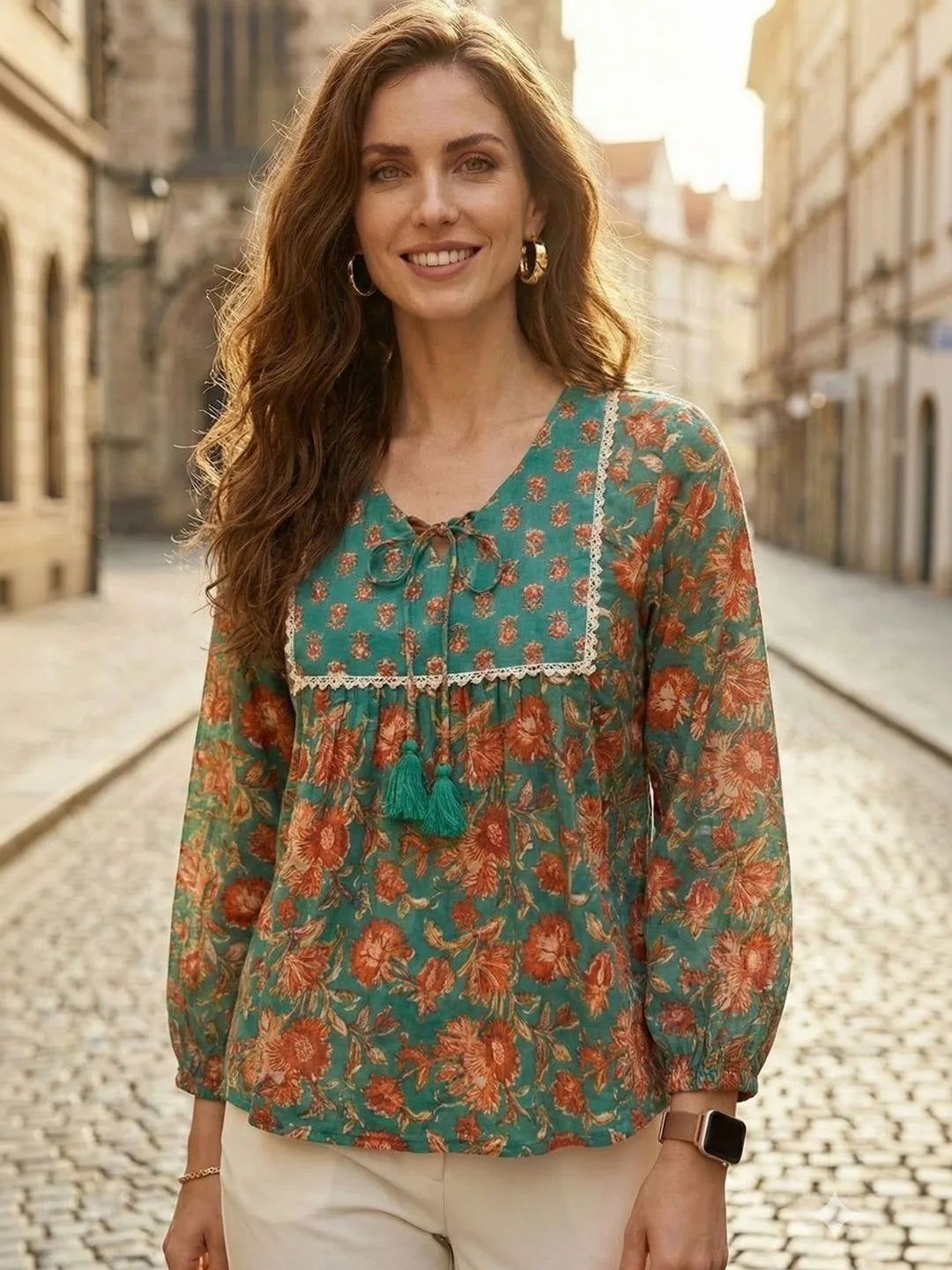 Teal & Rust Floral Block Print Cotton Boho Top