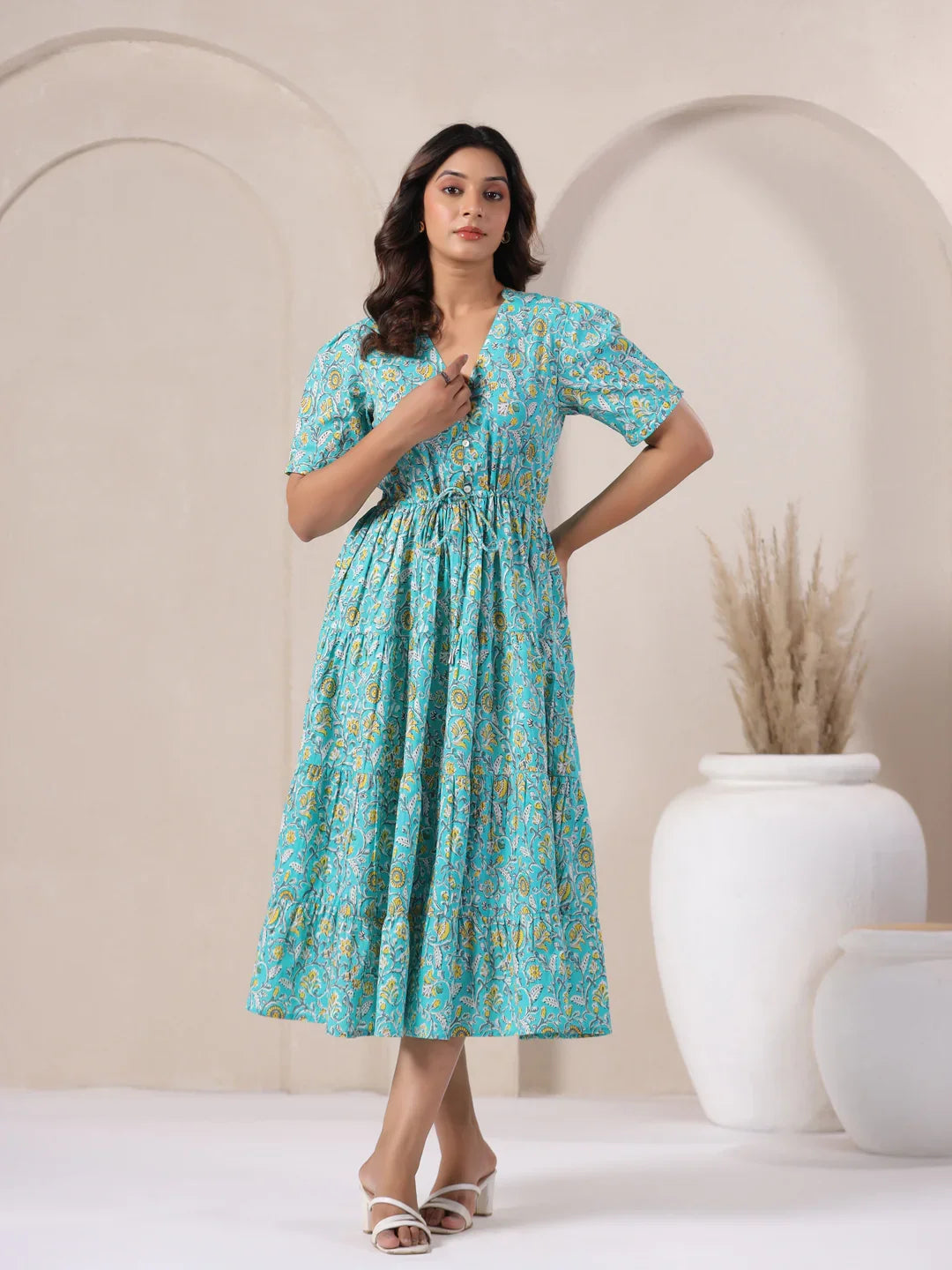 Turquoise floral print cotton dress with puff sleeves and tiered skirt for women