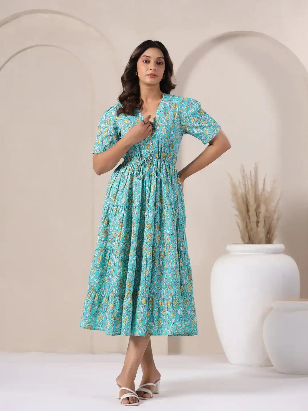 Turquoise floral print cotton dress with puff sleeves and tiered skirt for women