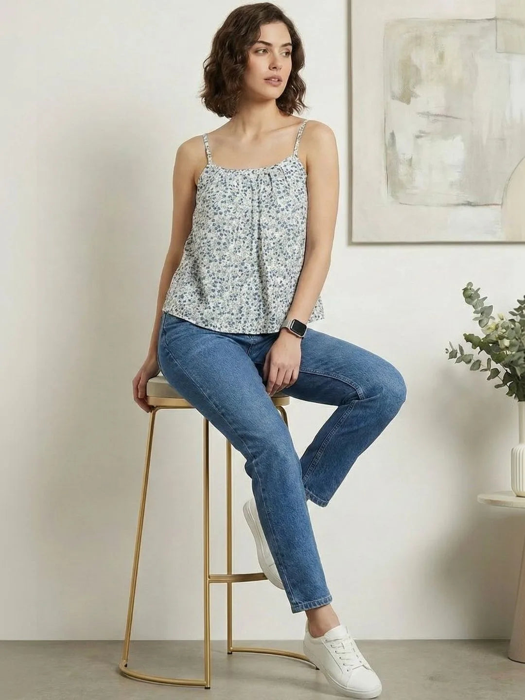 White & Blue Ditsy Floral Cotton Strappy Top