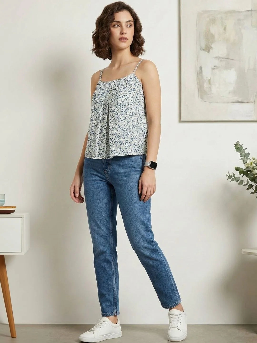 White & Blue Ditsy Floral Cotton Strappy Top