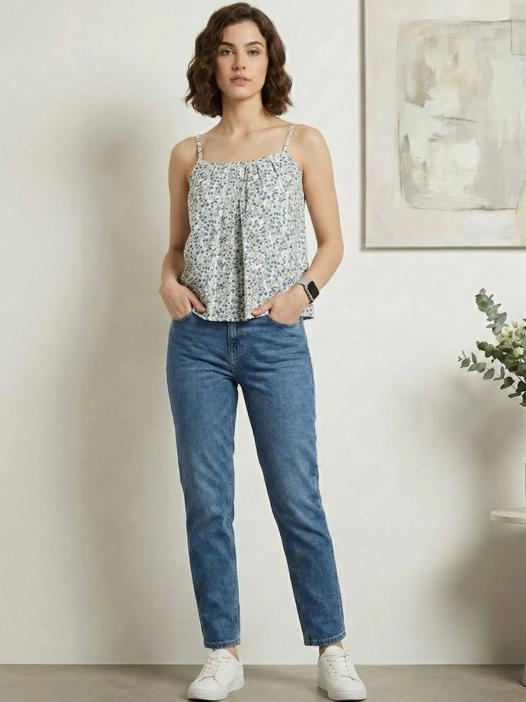White & Blue Ditsy Floral Cotton Strappy Top