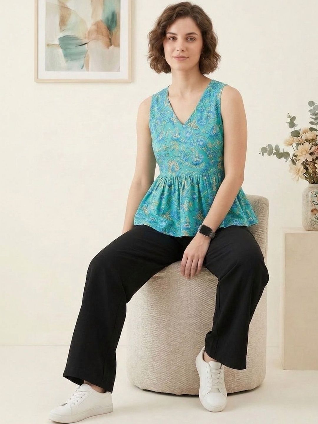Teal Floral Block Print Cotton Peplum Top