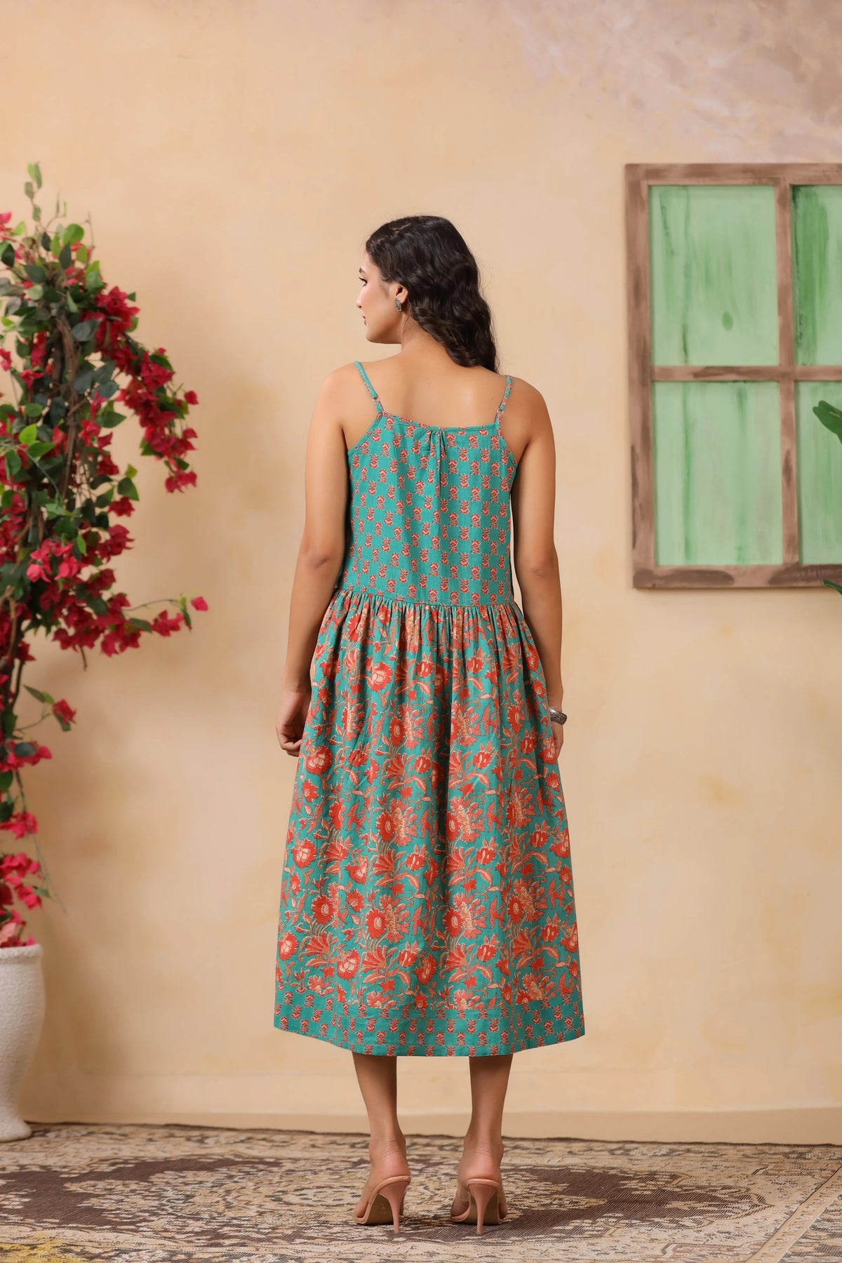Teal Floral Print Spaghetti Strap Dress