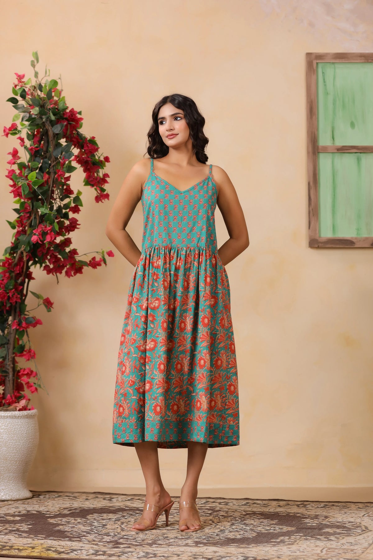 Teal Floral Print Spaghetti Strap Dress