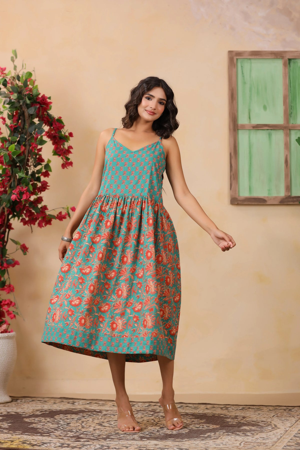Teal Floral Print Spaghetti Strap Dress