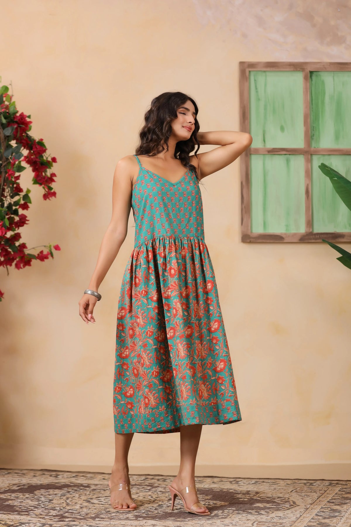 Teal Floral Print Spaghetti Strap Dress